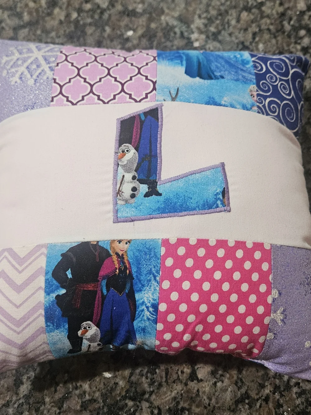 Pair of FROZEN Patchwork Decorative Pillows Monogrammed L, Pink, Purple, Blue